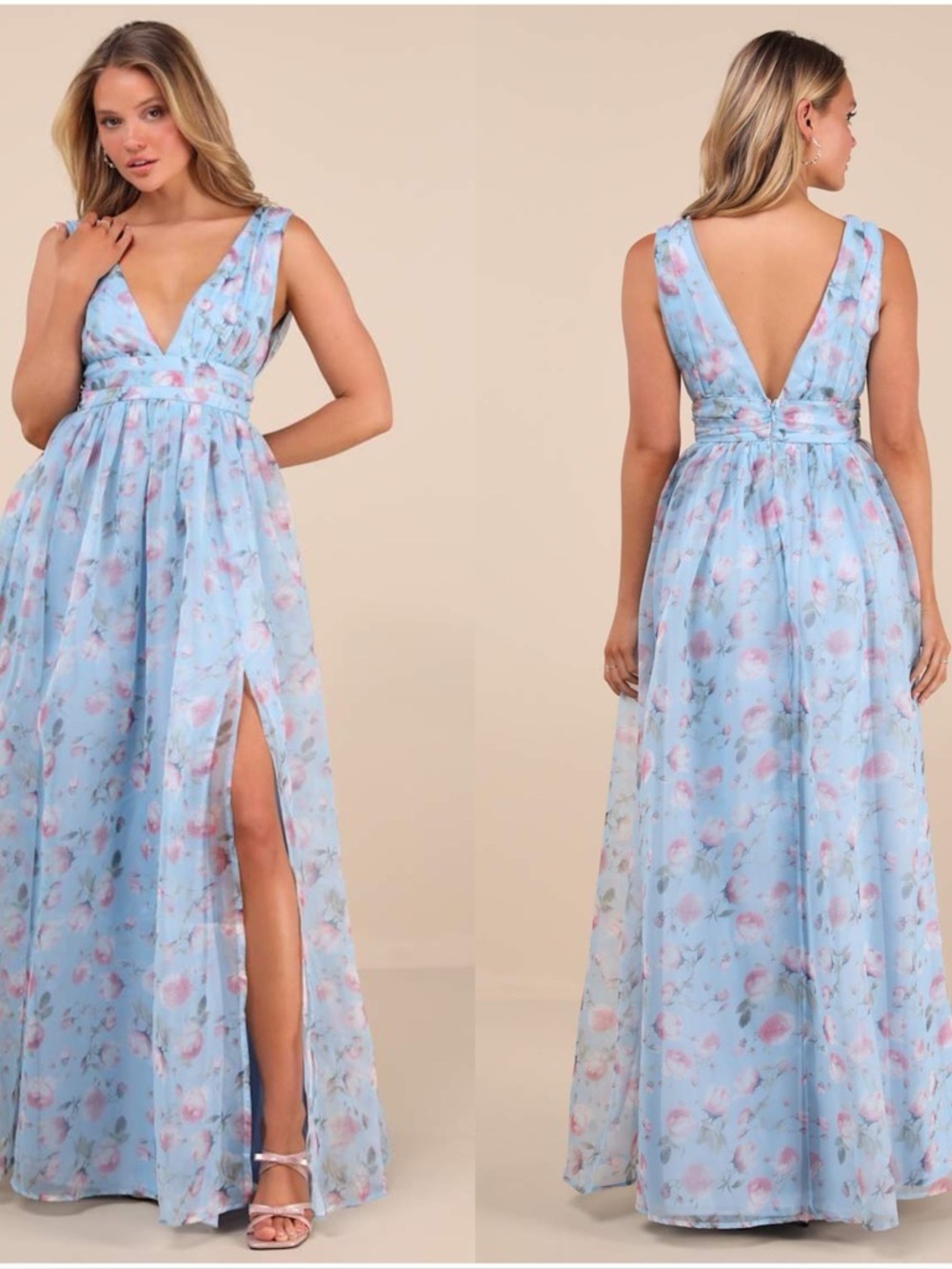 LULU'S Garden Romance Light Blue Floral Print Organza Maxi Dress